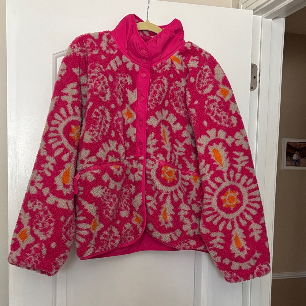 Free People: Hit The Slopes Printed Fleece Jacket Fuchsia So Bright